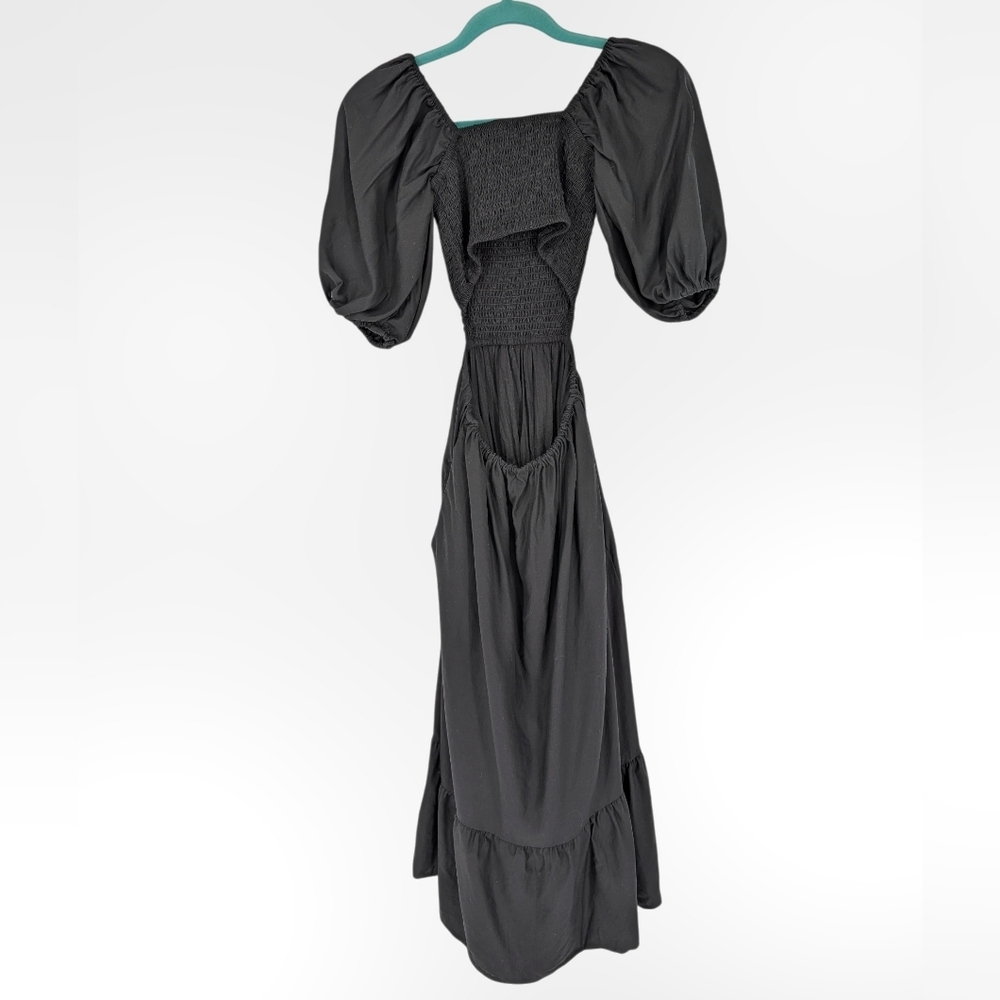 O.P.T. Leighton Black Puff Sleeve Smocked Cutout Midi Dress Tencel Flax XS - Picture 6 of 9